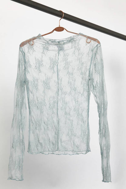Long Sleeved Sheer Lace Mesh Layering Top ~ Aqua