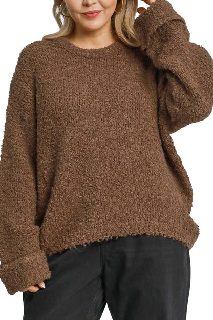 Curvy Fluffy Boucle Pullover Knit ~ Chocolate