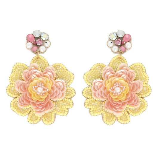 Jeweled Floral Bead Mix Drop Earrings: Yellow