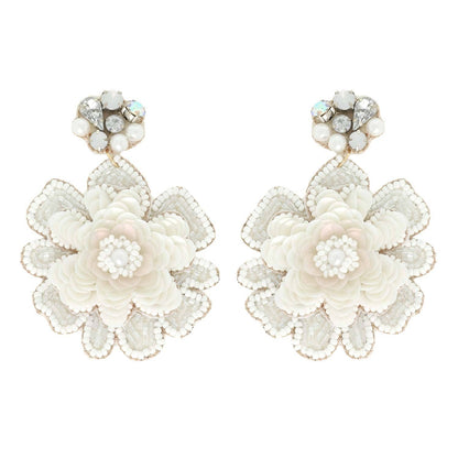 Jeweled Floral Bead Mix Drop Earrings: White