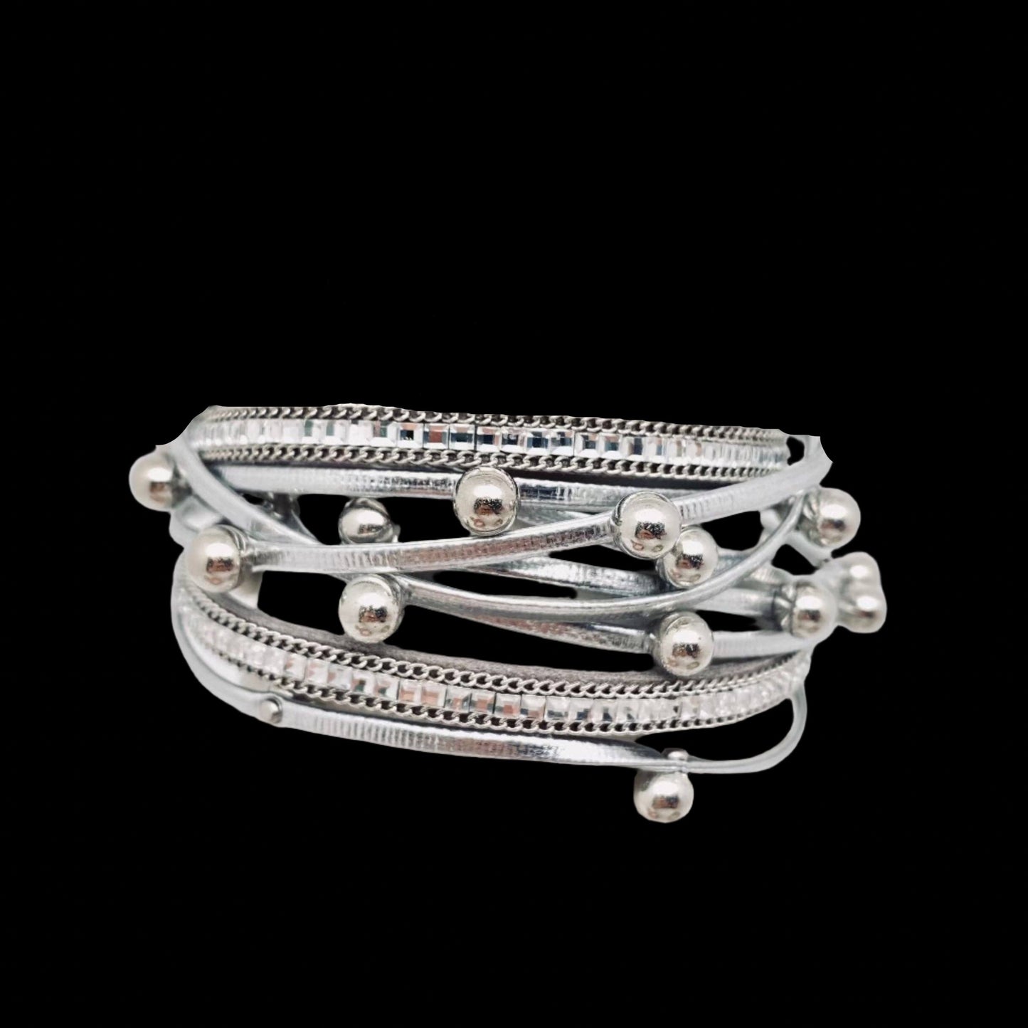 Metal Beads Pearl Multi-Layer Leather Bracelet ~ Silver