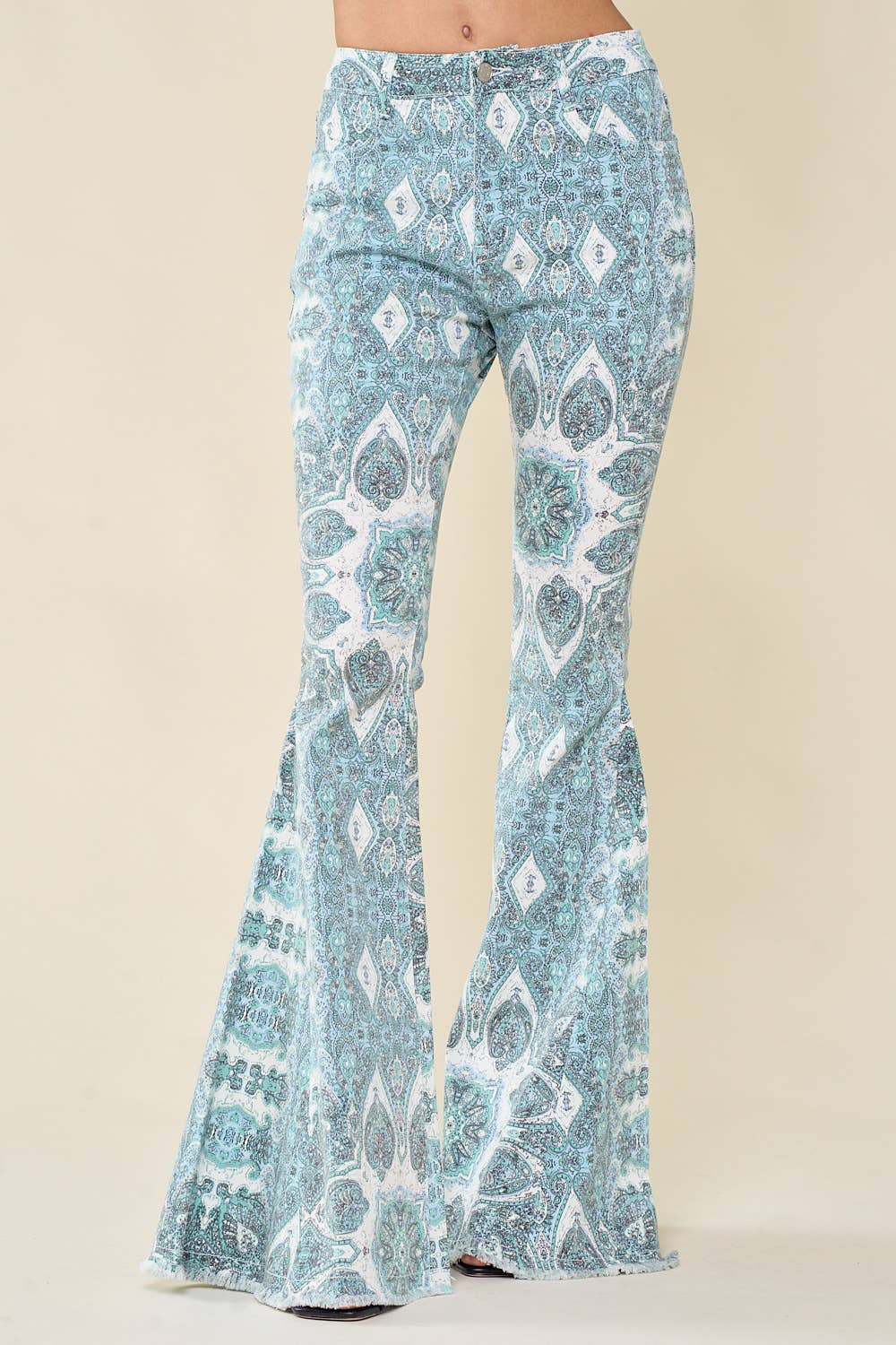 Medallion Printed Distressed Flares ~ Aqua