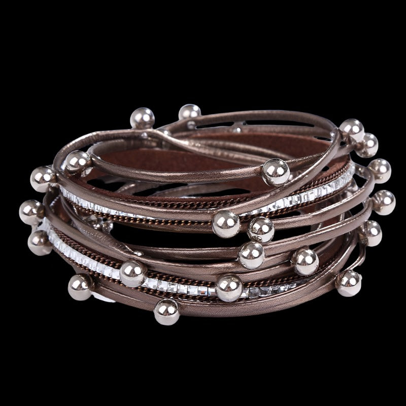 Metal Beads Pearl Multi-Layer Leather Bracelet ~ Tan