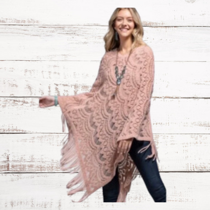 Blush Pink Open Knit V Neck Poncho