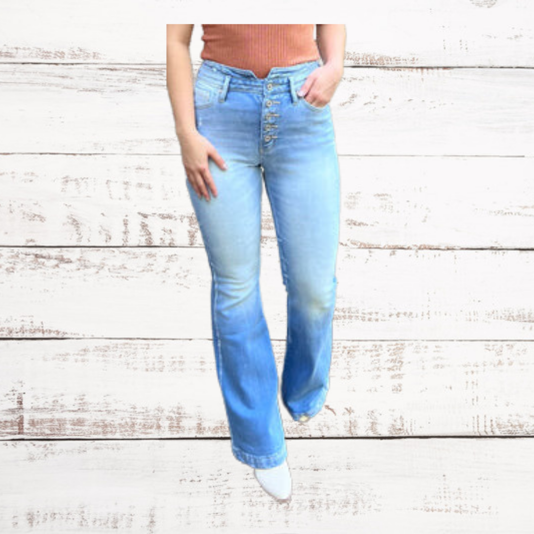 KanCan Ultra High Rise Detailed Waistband Stretchy Flares with Button Fly