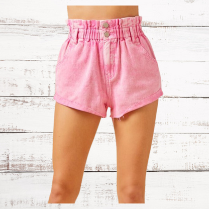 Paper Bag Waist Colored Denim Shorts~ Pink