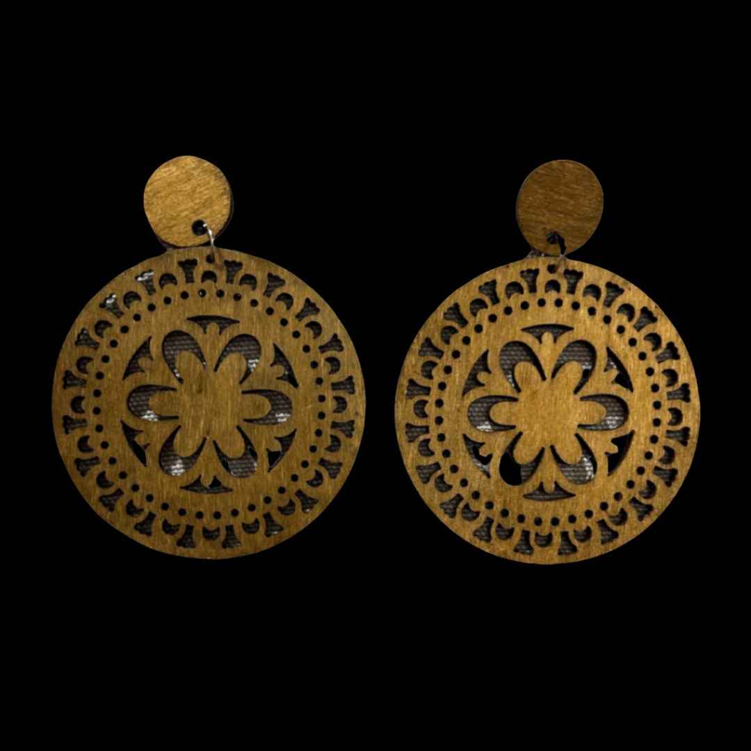 Round Wooden Stencil Earrings ~ Camel