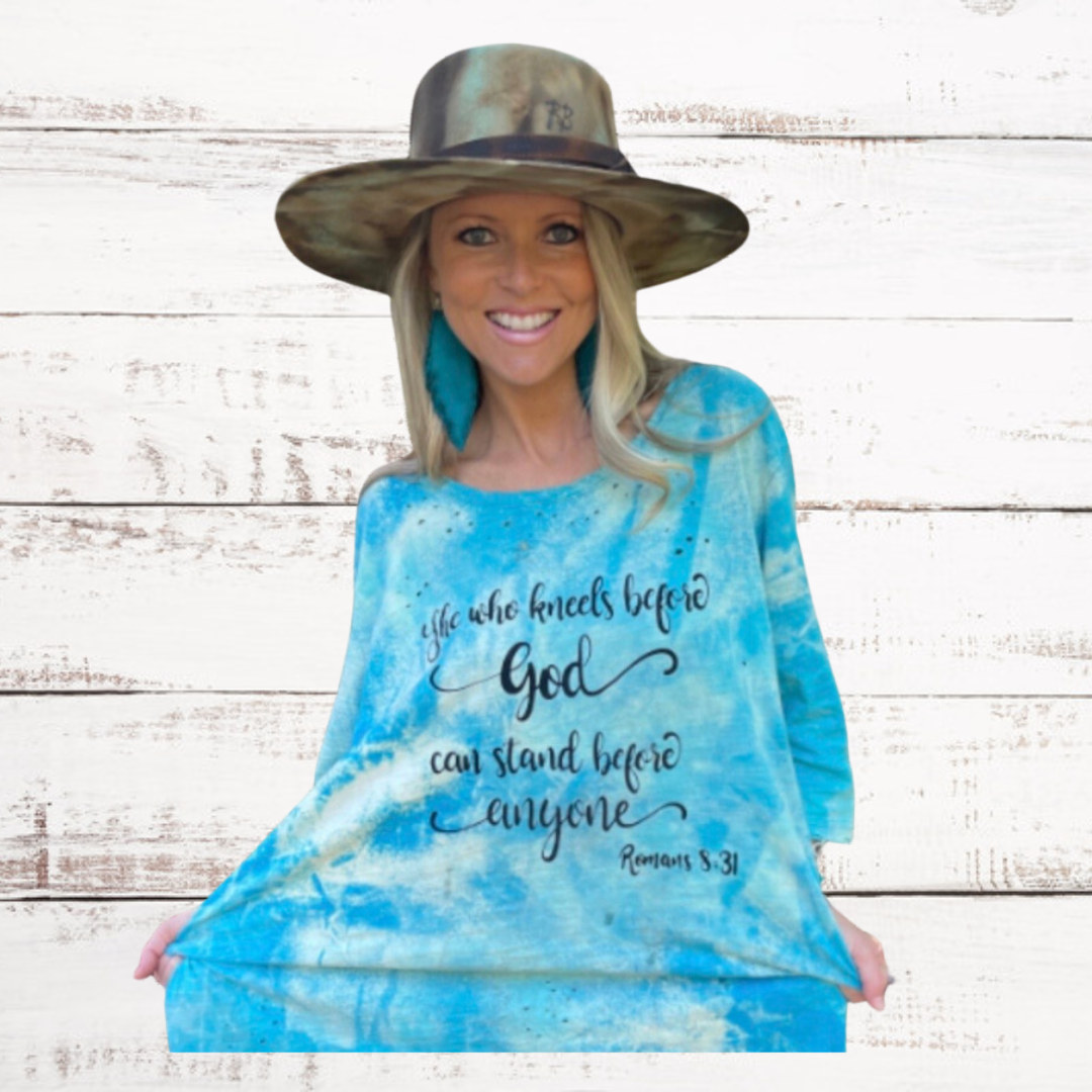 "She Who Kneels Before God Can Stand Before Anyone" Distressed Tattered Shirt