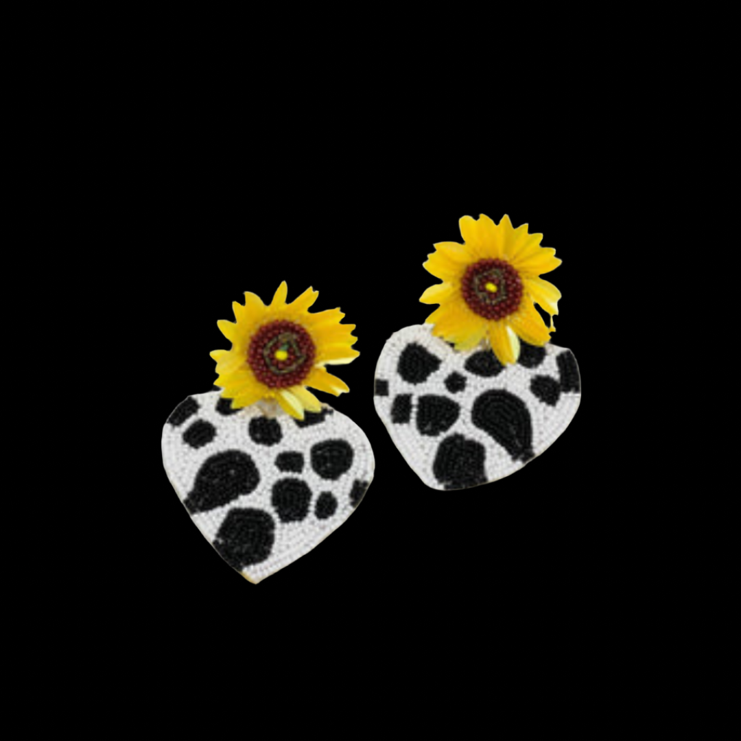 Sunflower Post Cow Print Heart Dangle Earrings
