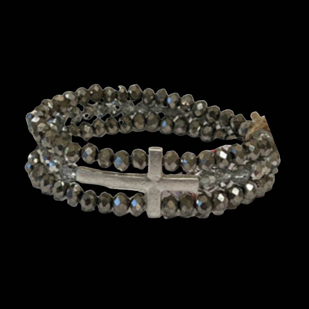Sweet Glistening Glass Bead Bracelet with Cross ~Gray  / Hematite